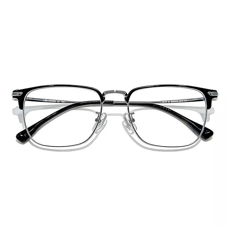 Black silver browline square metal frame blue light blocking glasses, durable optical eyeglasses for office and daily use, front view on white background