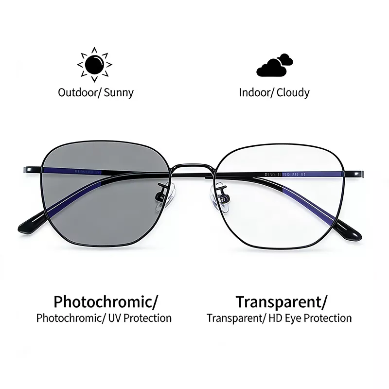 Black Frame Photochromic Glasses with Grey Outdoor Lenses and Clear Indoor Lenses