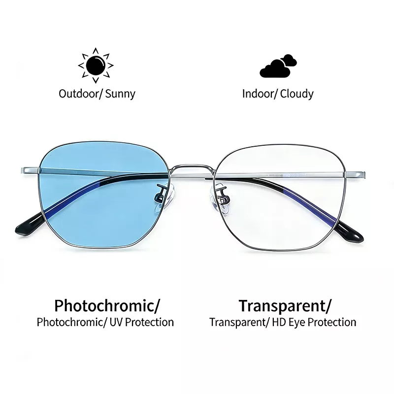 Silver Frame Photochromic Glasses with Light Blue Outdoor Lenses and Clear Indoor Lenses