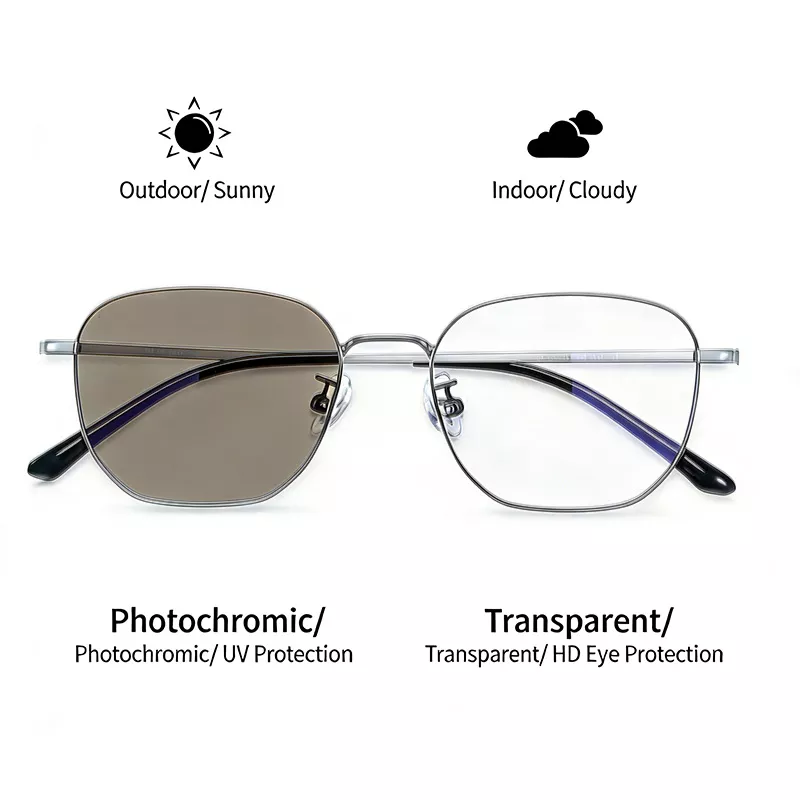 Silver Frame Photochromic Glasses with Grey Outdoor Lenses and Clear Indoor Lenses