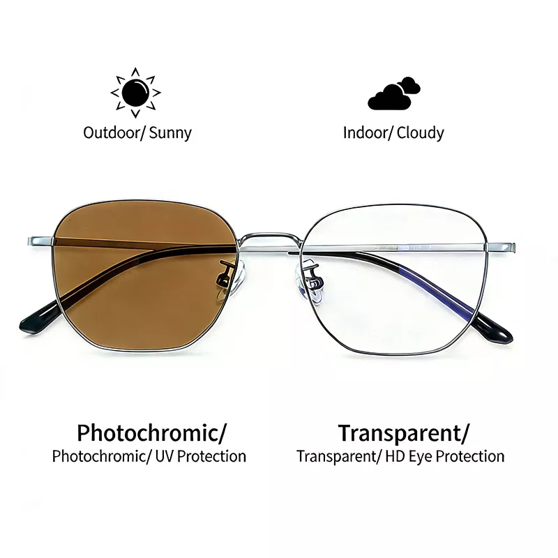 Silver Frame Photochromic Glasses with Amber Brown Outdoor Lenses and Clear Indoor Lenses
