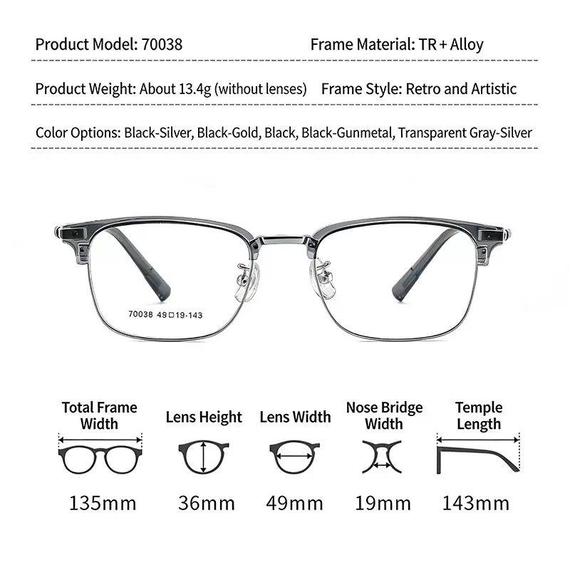 Ultra-Light Retro TR Eyeglass Frames Y70038C-size