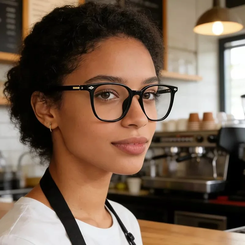 Woman wearing black frame glasses in a cafe